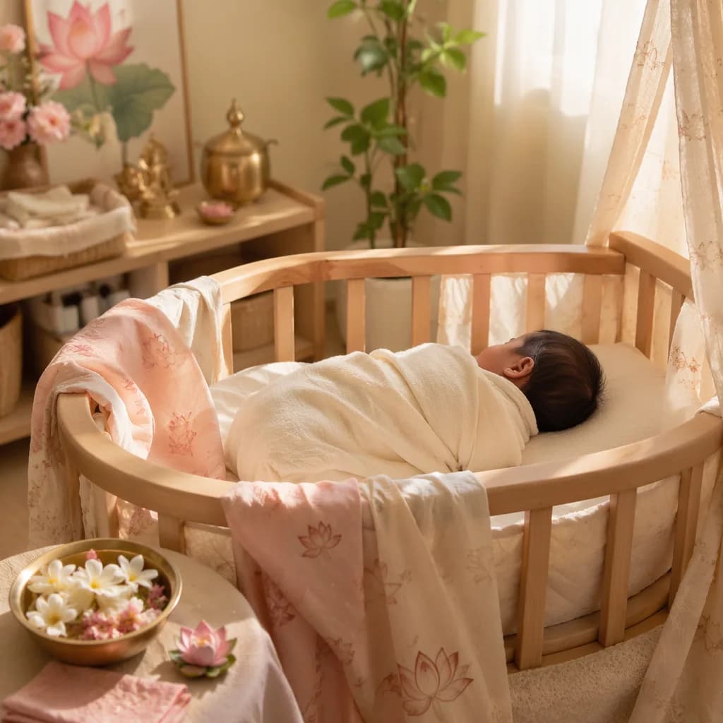 A softly lit nursery with a swaddled sleeping baby, pastel lotus accents, and jasmine flowers.