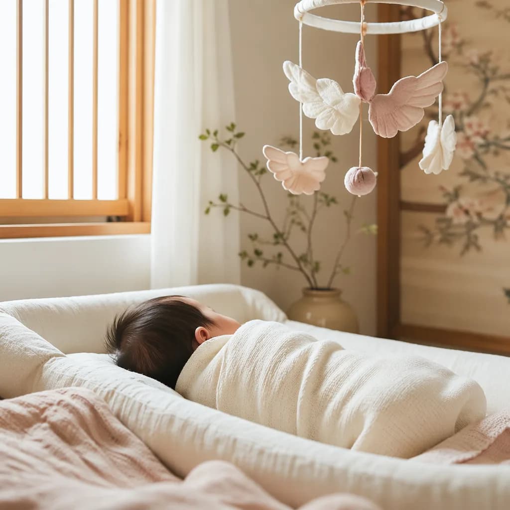 Soft Korean-inspired nursery with a swaddled baby and delicate wing mobile.