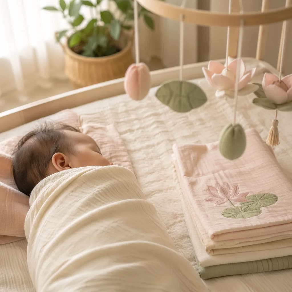 A softly lit Korean nursery with a sleeping swaddled baby and pastel lotus accents.