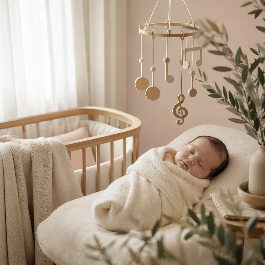 Peaceful pastel nursery with a swaddled sleeping baby, olive branches, and a wooden music mobile.