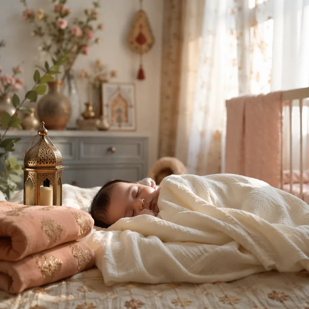 A peaceful pastel nursery with a sleeping baby and subtle Urdu-inspired decor.