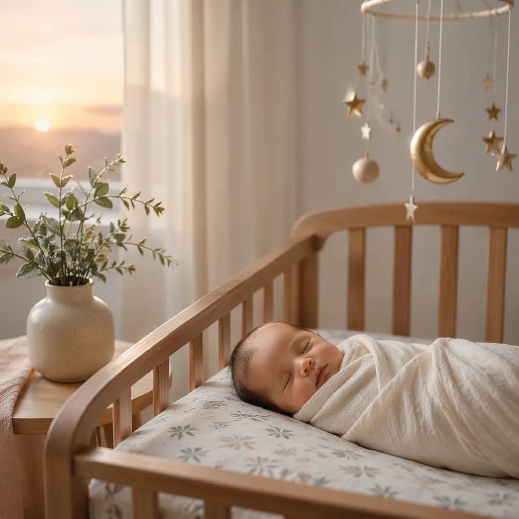 Sleeping newborn in a soft Arabic-inspired nursery with dew-kissed greenery and a star mobile.