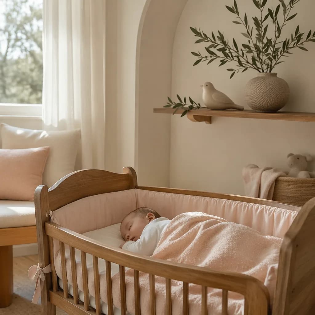 Soft pastel nursery with a sleeping baby, olive leaves, and a small sparrow ornament.