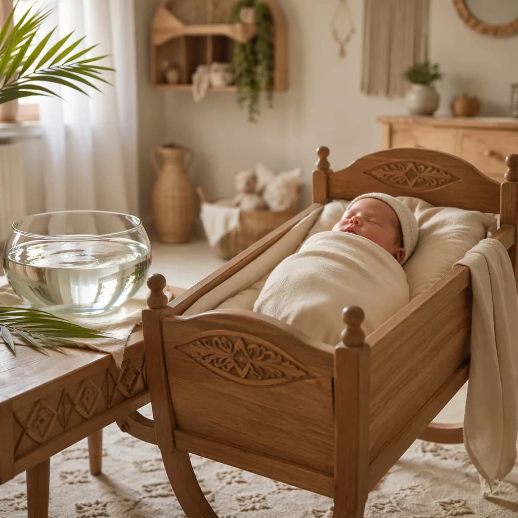 A peacefully sleeping baby in a wooden cradle beside a small bowl of water in a soft pastel nursery.