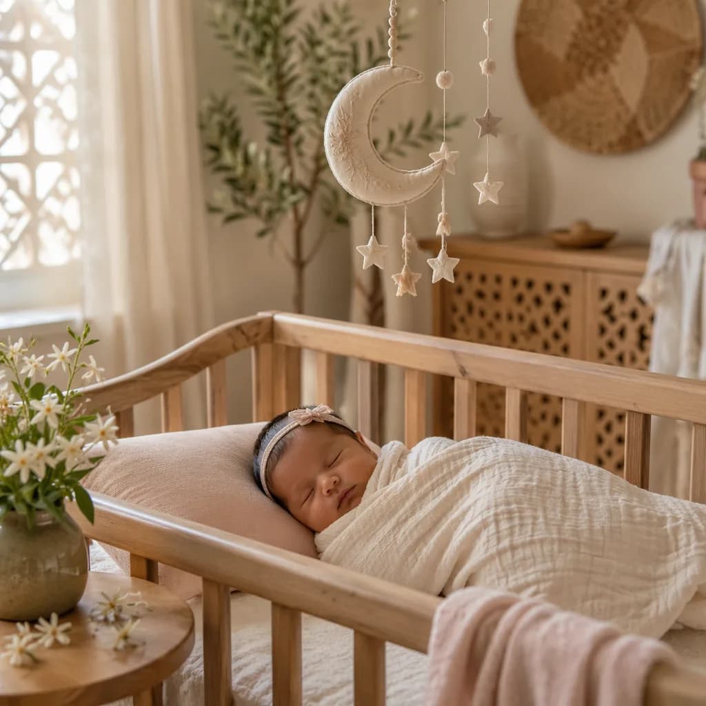 A peaceful pastel nursery with a swaddled sleeping baby, crescent mobile, and soft jasmine accents.
