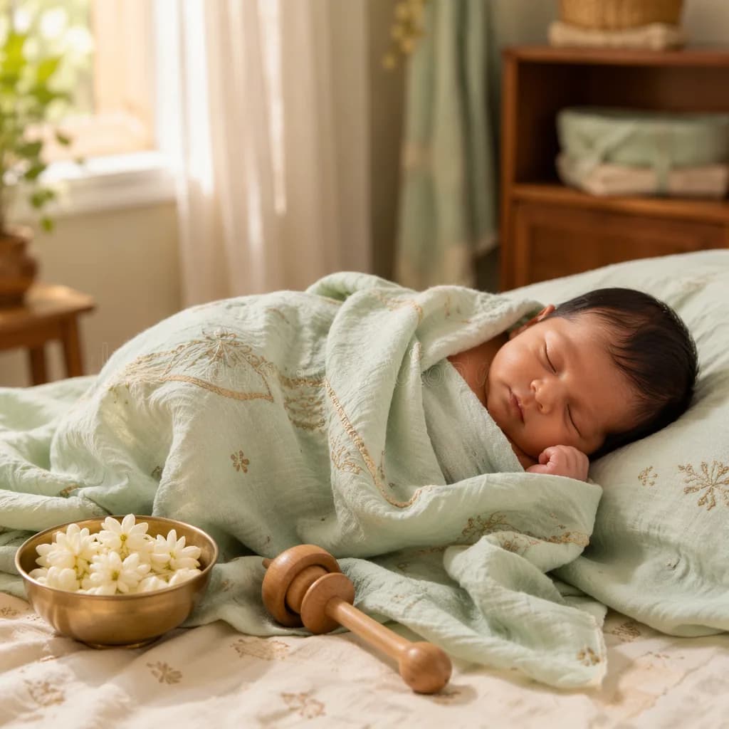 A peacefully sleeping Bengali newborn in a soft pastel nursery with jasmine flowers and a wooden rattle.