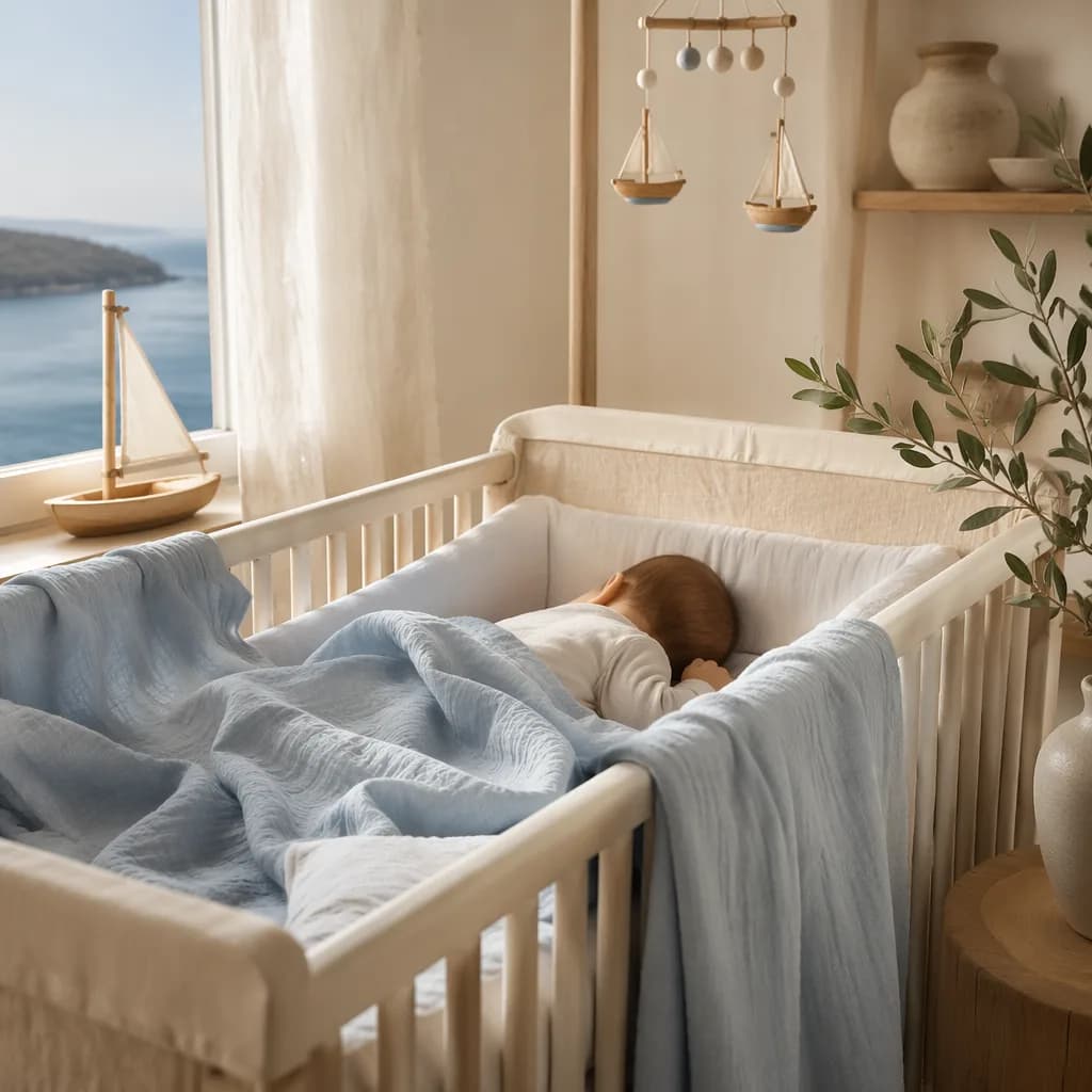 Soft Greek-inspired nursery with a baby, toy sailboat, and olive branch in gentle pastel light.