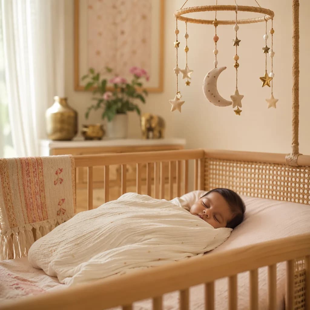 A peaceful baby sleeping in a warm pastel nursery with a star and moon mobile.