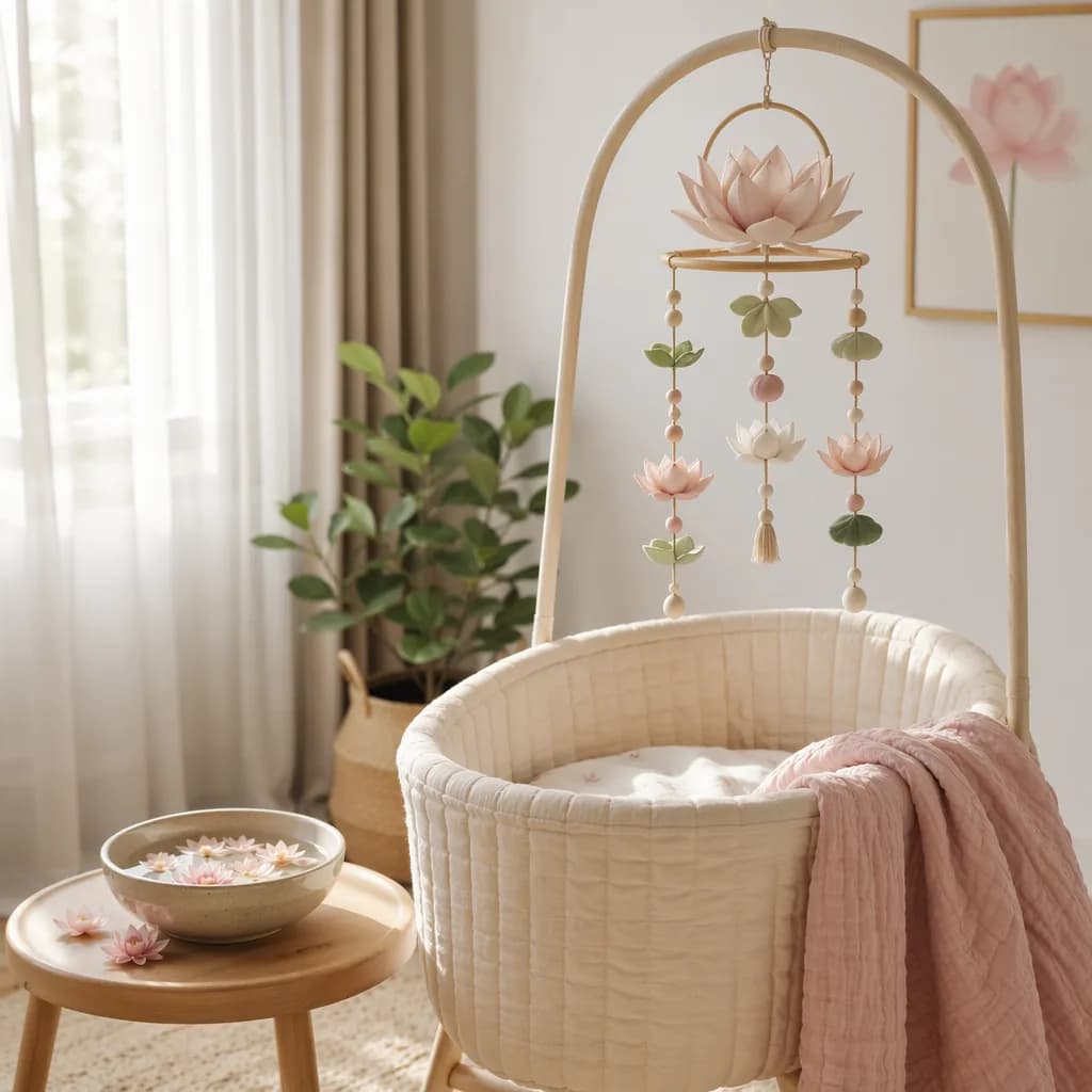 Serene pastel nursery with lotus-inspired decor and a cozy bassinet.