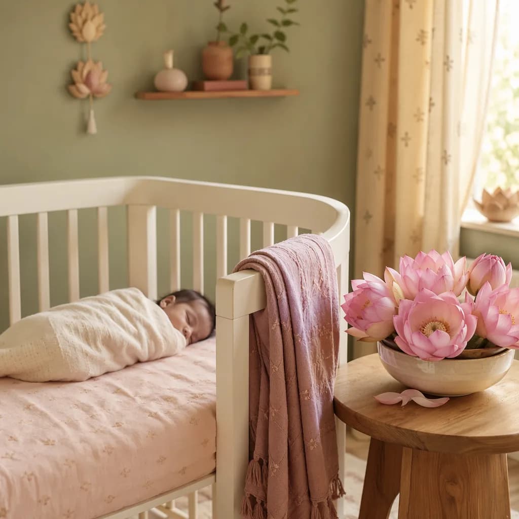 Peaceful pastel nursery with a sleeping newborn and pink lotus flowers inspired by the name Nalini.