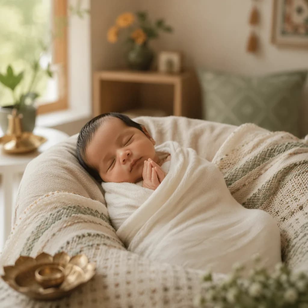 Newborn baby sleeping peacefully in a warm pastel nursery with subtle Indian-inspired decor.