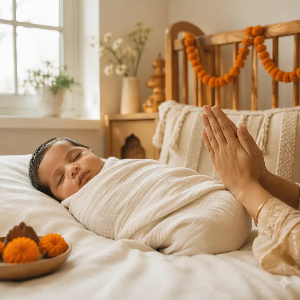 Sleeping baby in a soft nursery with gentle namaste hands and marigold accents.