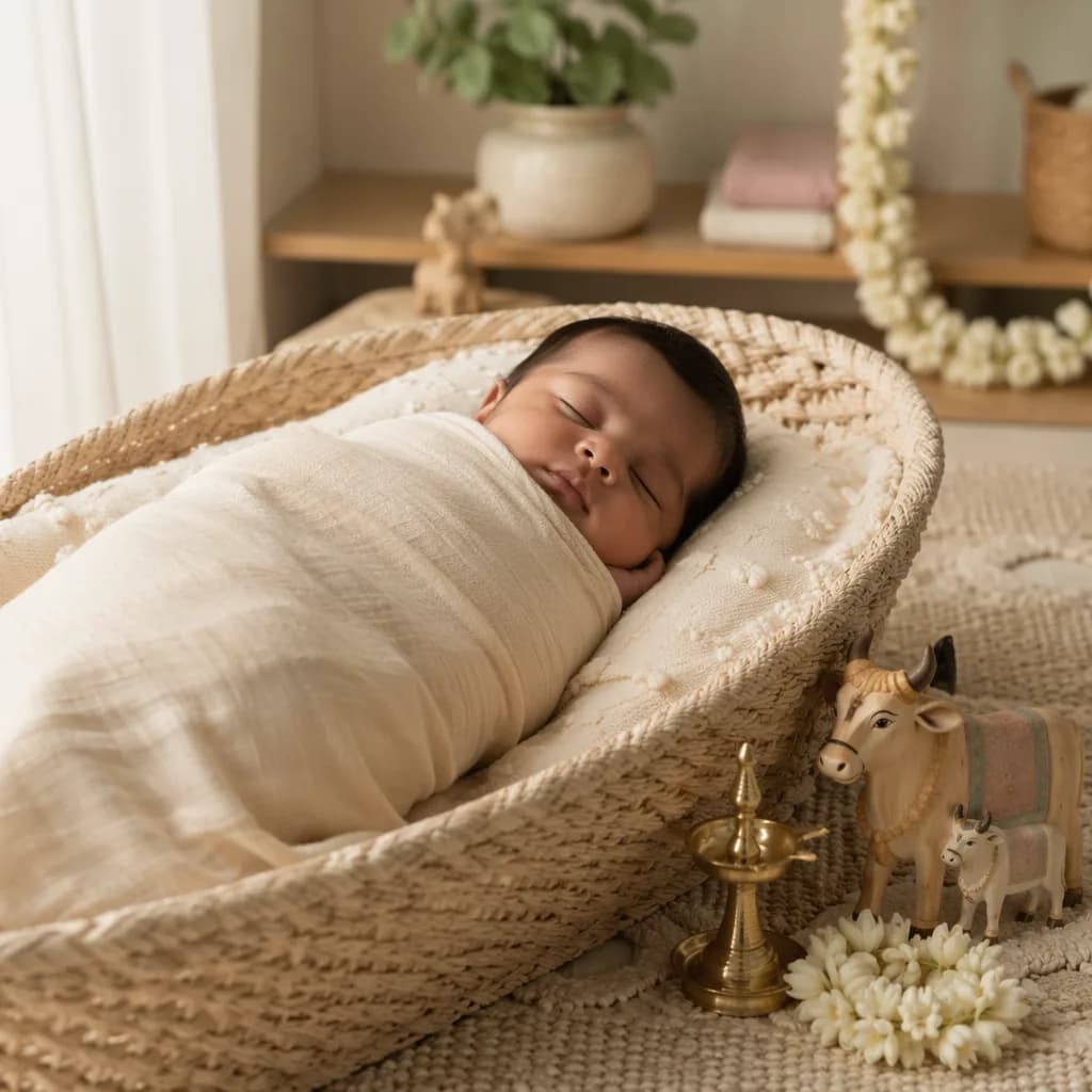 Sleeping baby in a soft Tamil-inspired nursery with jasmine and a small cow figurine.