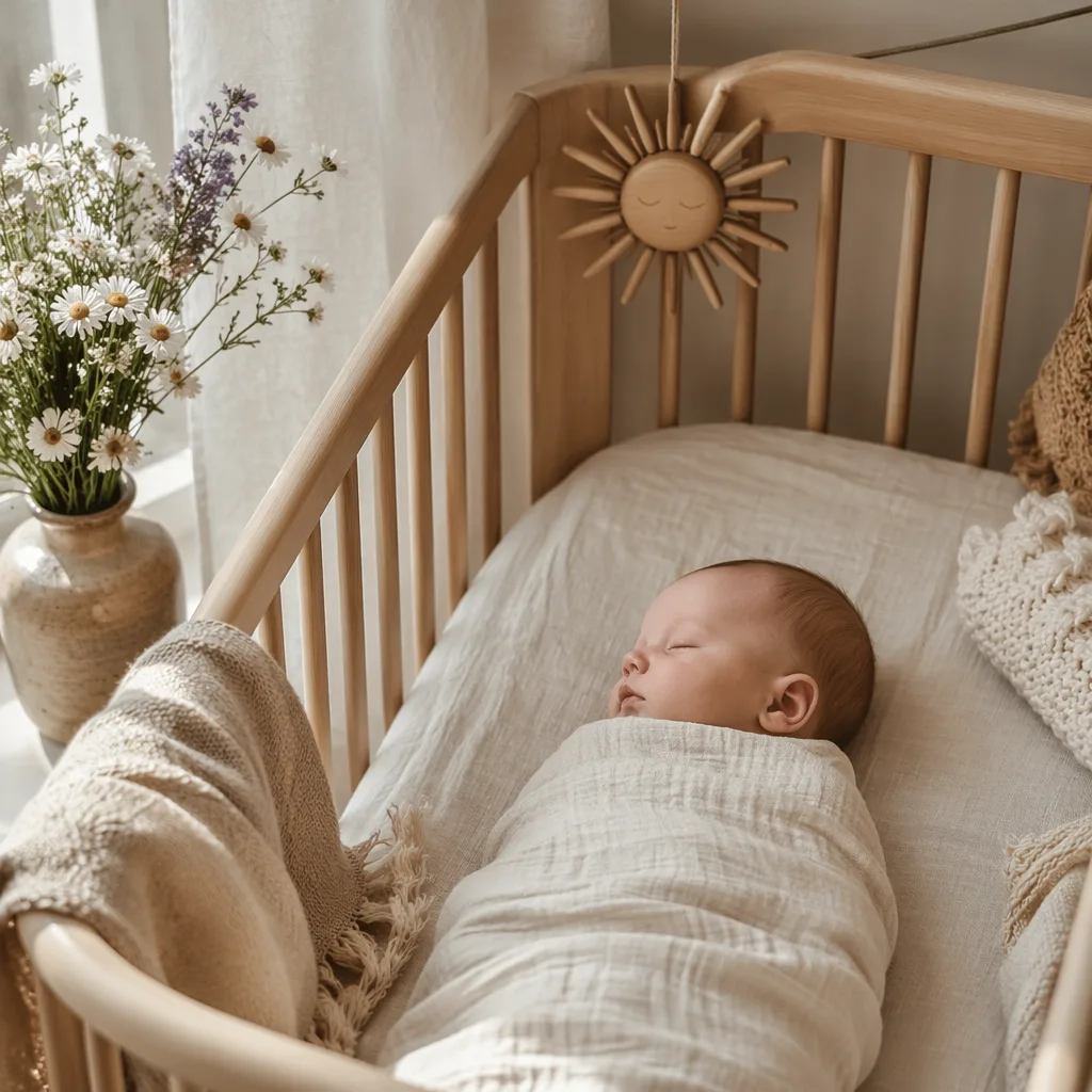 A cozy Scandinavian nursery with a peacefully swaddled baby in soft natural light.