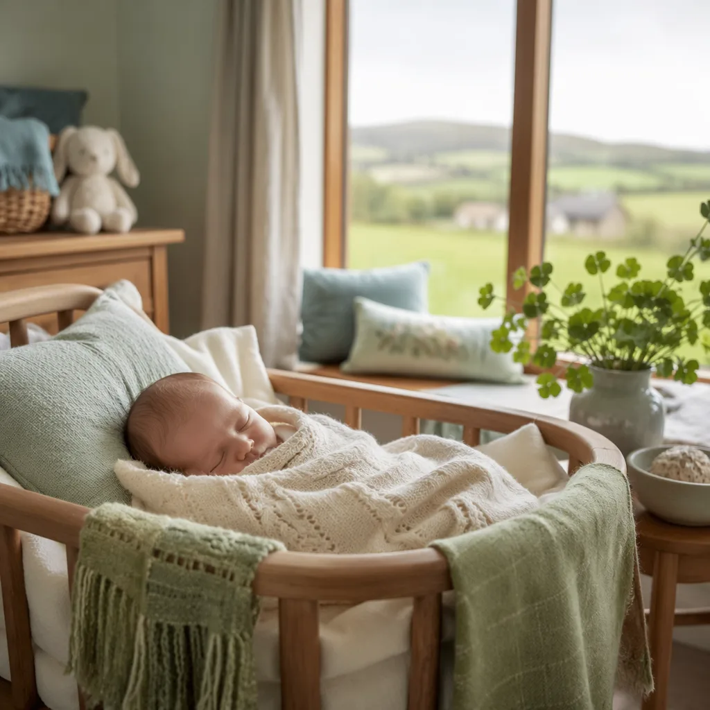 A sleeping newborn in a cozy Irish-inspired nursery with soft pastel decor and gentle natural light.