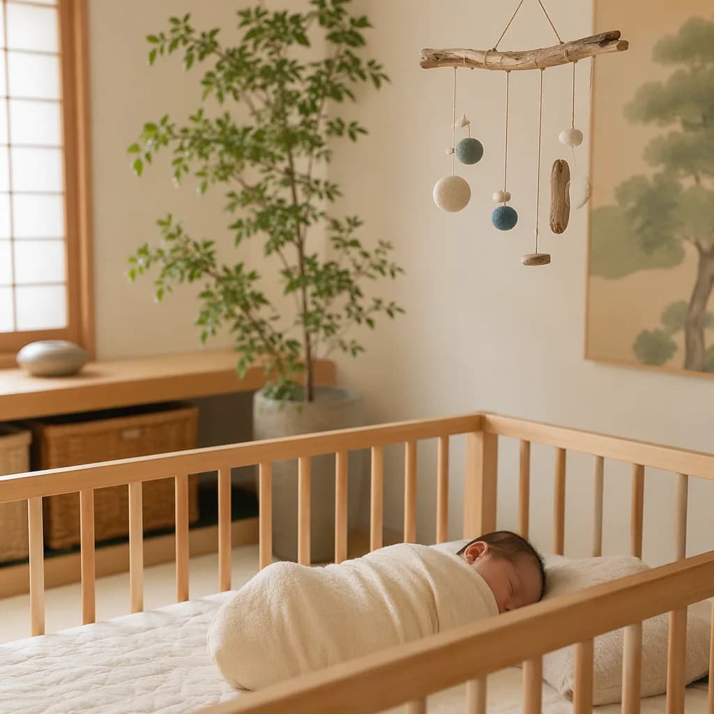 Sleeping newborn in a soft Japanese-inspired nursery with a young tree beside the crib.