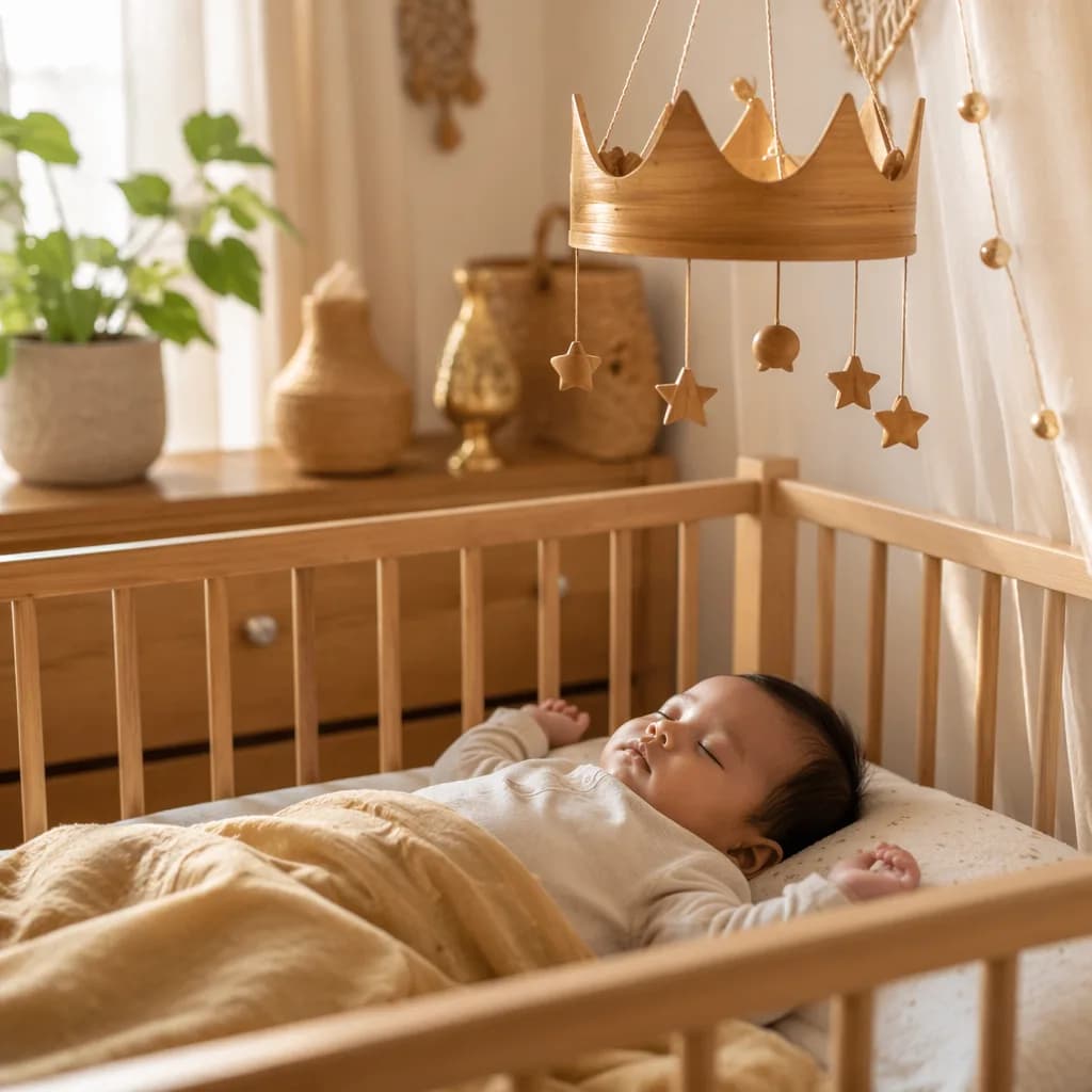 Peaceful Indonesian baby sleeping in a soft pastel nursery with a small wooden crown mobile.