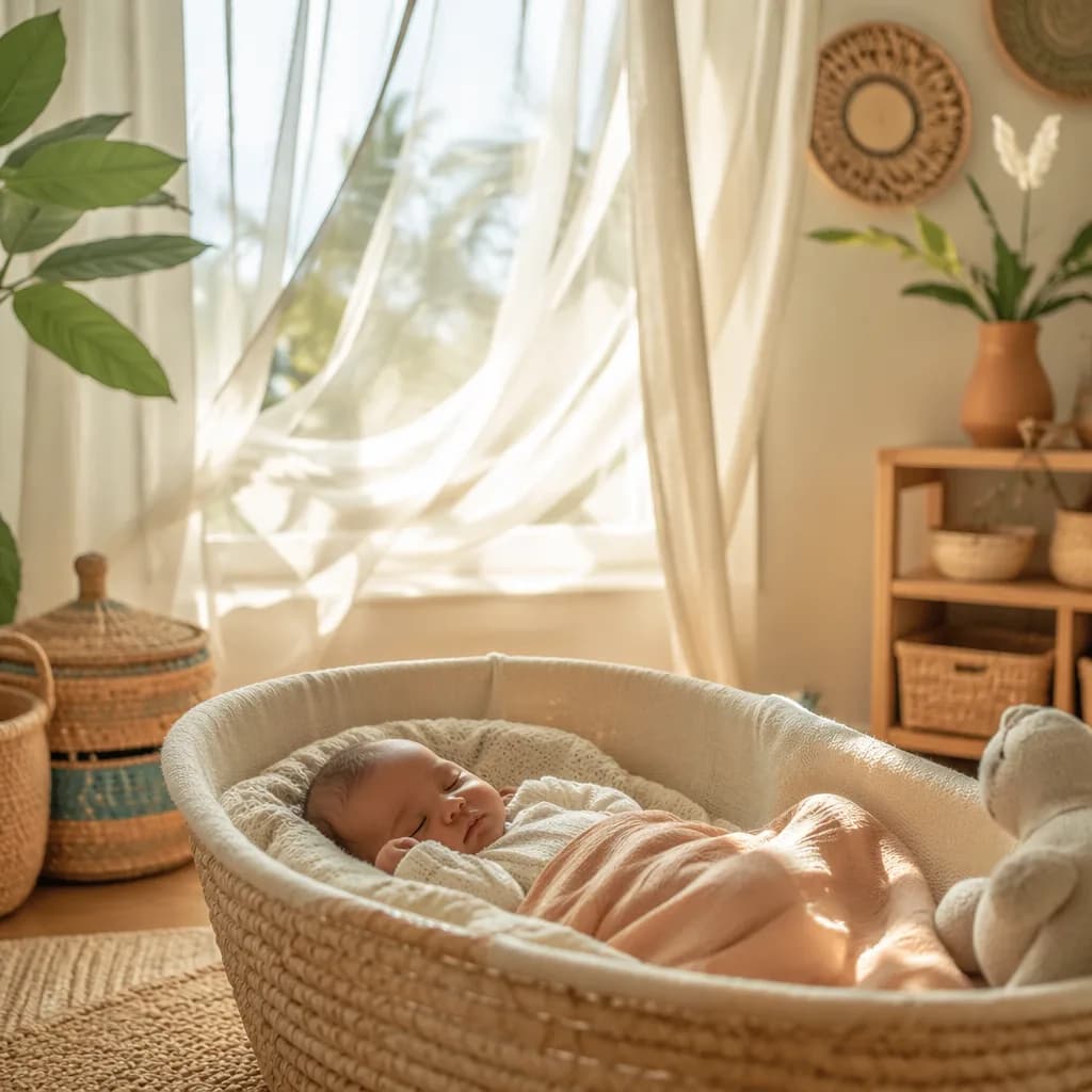 A peaceful newborn in a cozy sunlit nursery with soft pastel tones and woven accents.