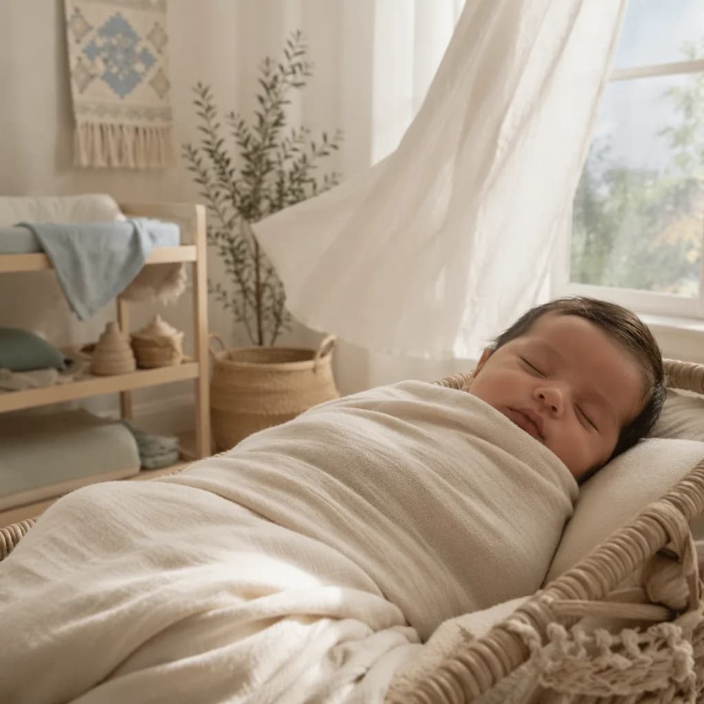 A peaceful swaddled baby in a softly lit nursery with breezy curtains and warm pastel decor.