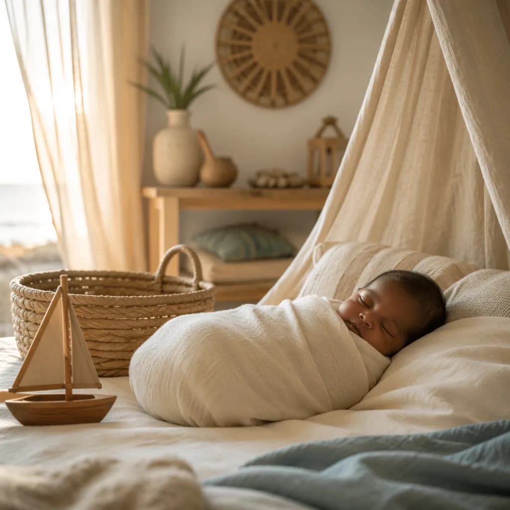 A peaceful pastel nursery with a swaddled sleeping baby and gentle Swahili-inspired decor.
