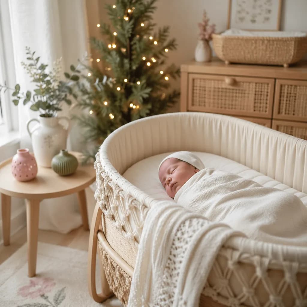 A softly lit pastel nursery with a sleeping swaddled newborn and subtle festive Portuguese-inspired decor.