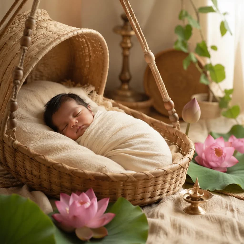 A peaceful Tamil-inspired nursery with a sleeping baby, lotus flowers, and soft natural light.