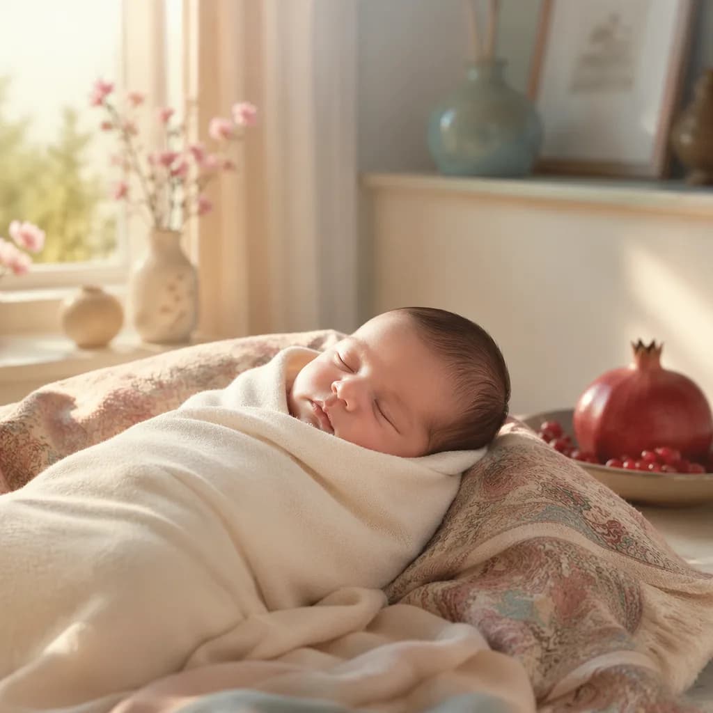 Non-identifiable swaddled baby in a soft Persian-inspired nursery with warm natural light.