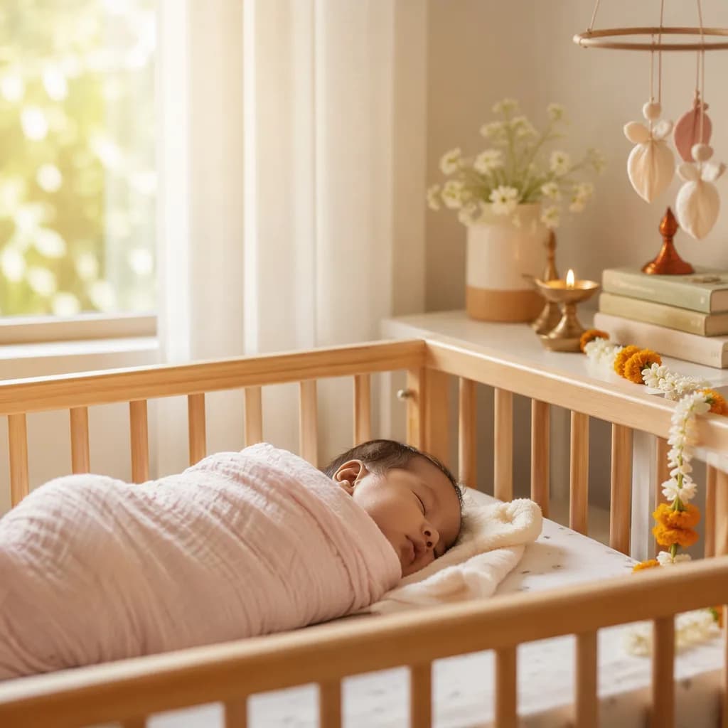 A sleeping baby in a soft pastel nursery with gentle Indian-inspired floral and warm light accents.