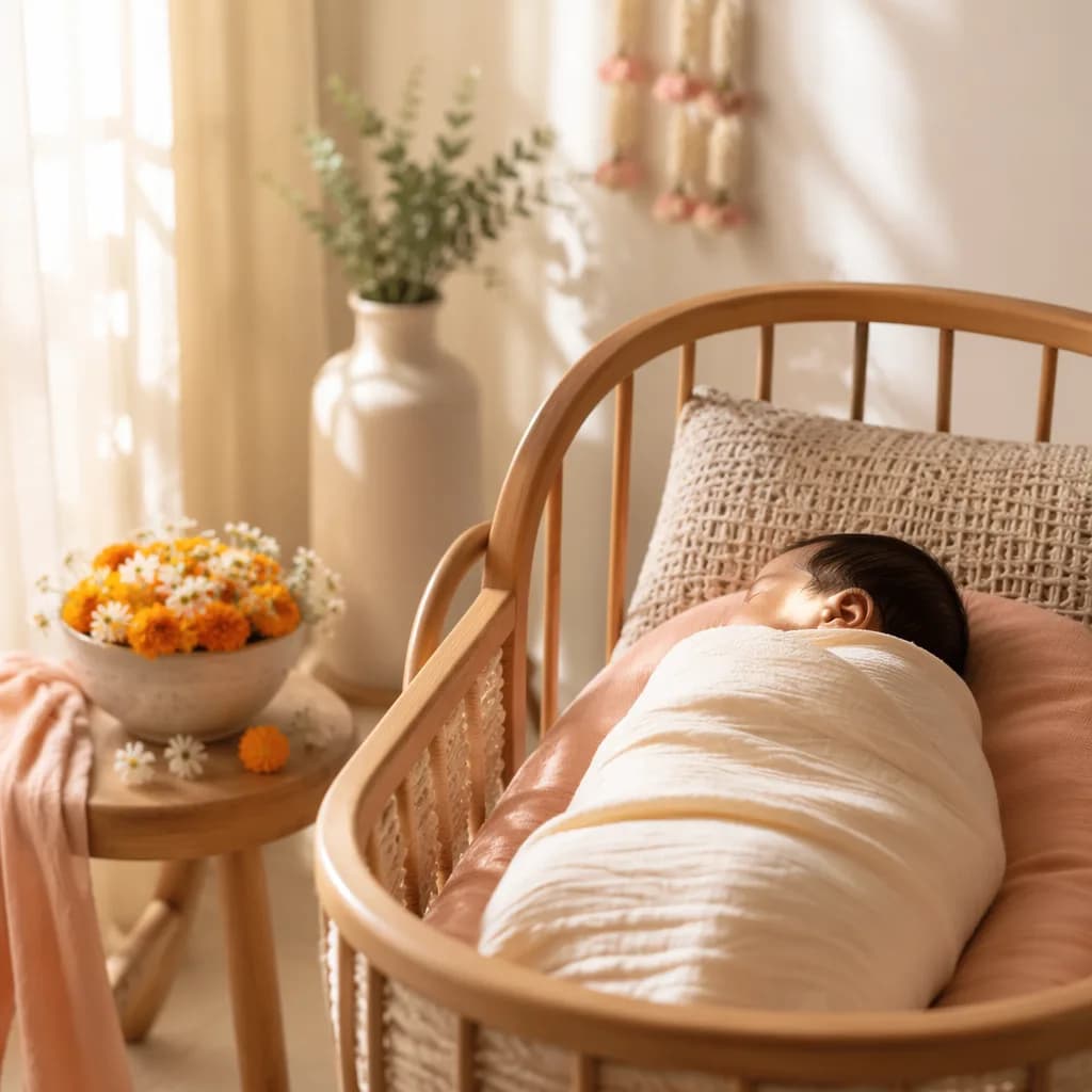 A softly lit pastel nursery with a swaddled newborn in a wooden bassinet and gentle Indian floral accents.