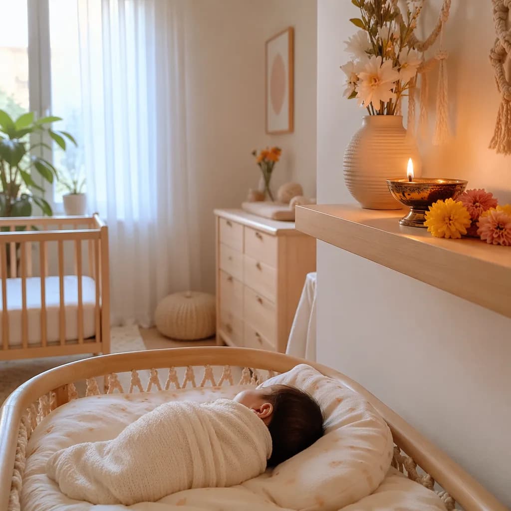 A peaceful pastel nursery with a swaddled newborn and a glowing decorative diya.