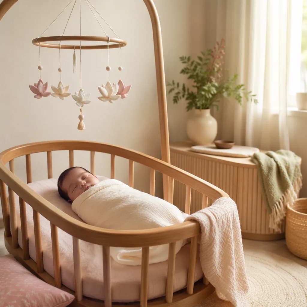 A softly lit pastel nursery with a swaddled newborn in a wooden bassinet and gentle lotus-inspired decor.