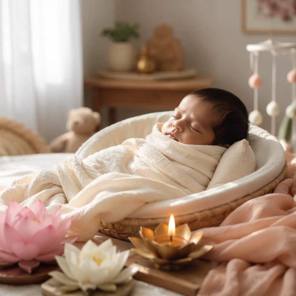 A peaceful newborn in a soft pastel nursery with lotus flowers and warm natural light.