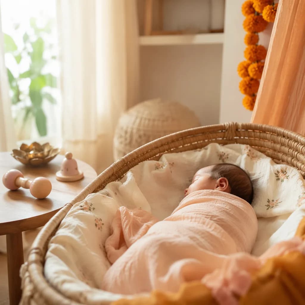 Soft pastel nursery with a swaddled newborn and gentle Indian-inspired decor.