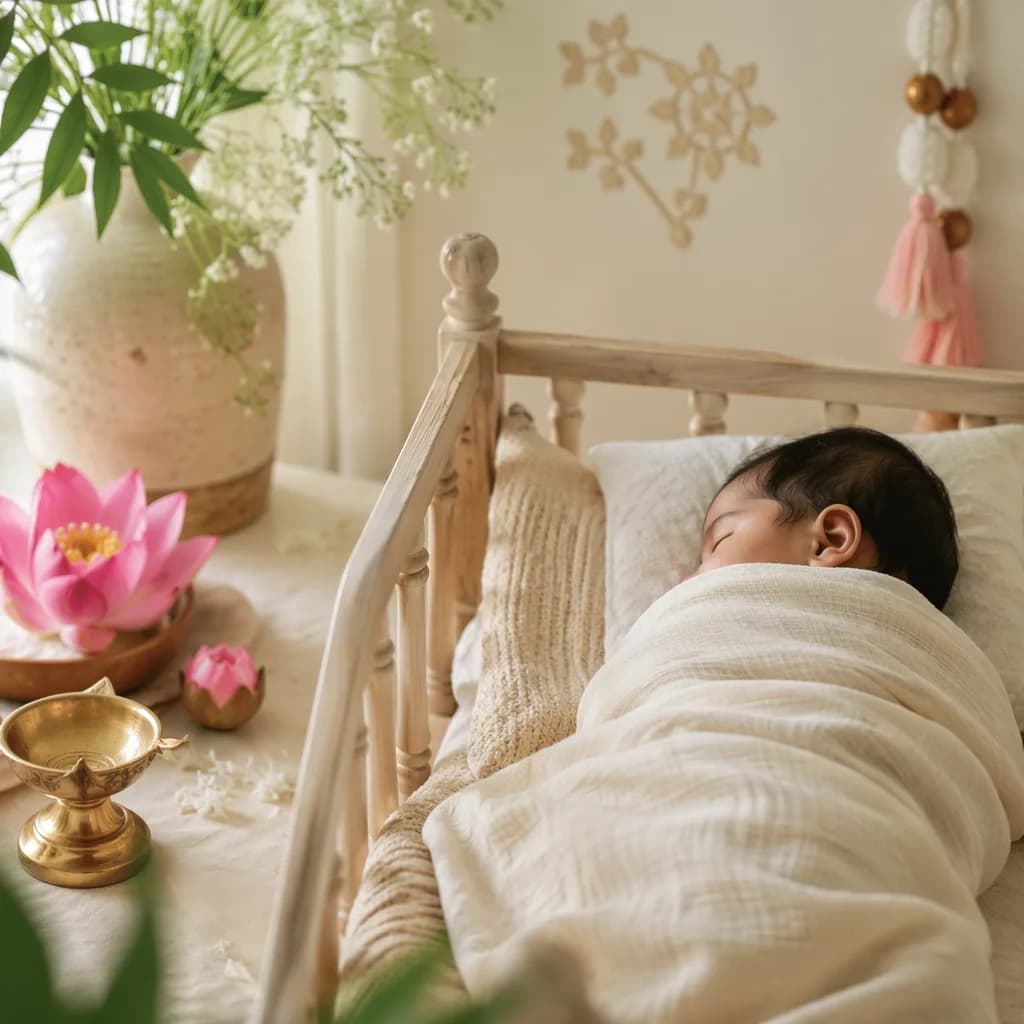 A peaceful pastel nursery with a swaddled newborn, lotus flowers, and warm natural light.