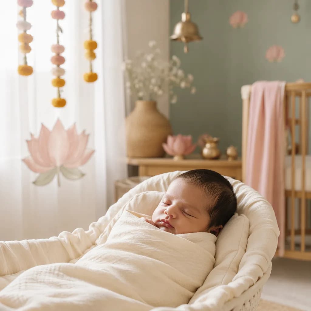 Peaceful newborn in a soft pastel nursery with gentle Indian-inspired decor.