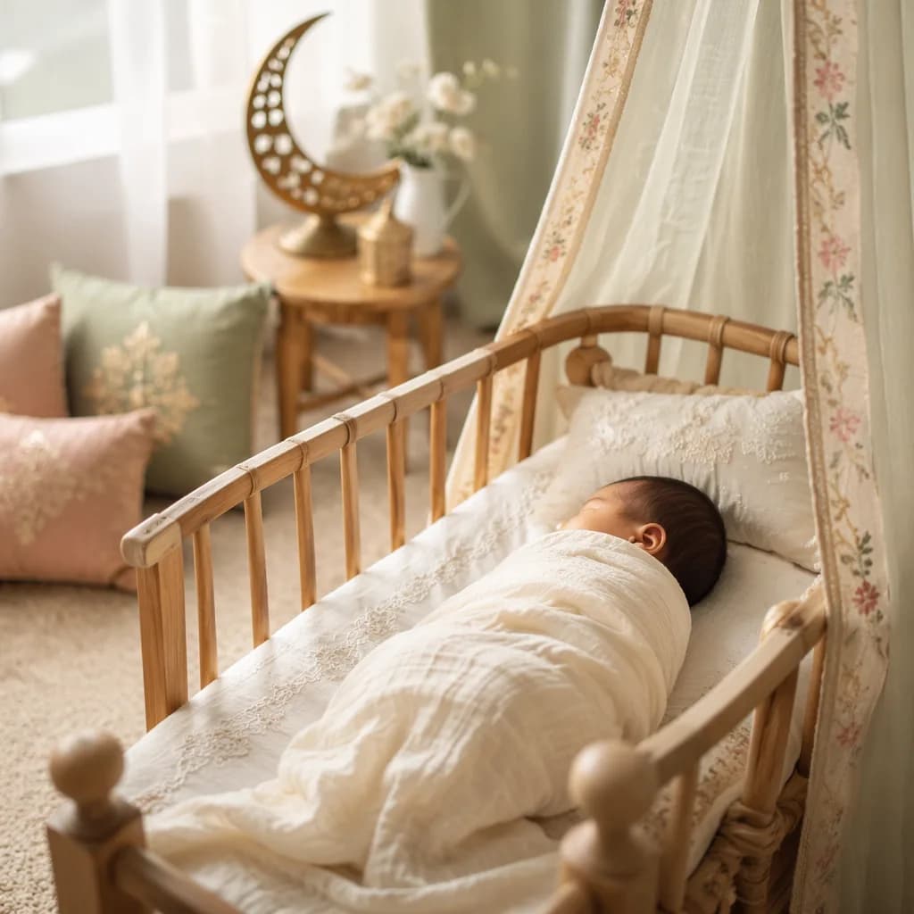 A softly lit nursery with a swaddled newborn and elegant pastel South Asian-inspired decor.