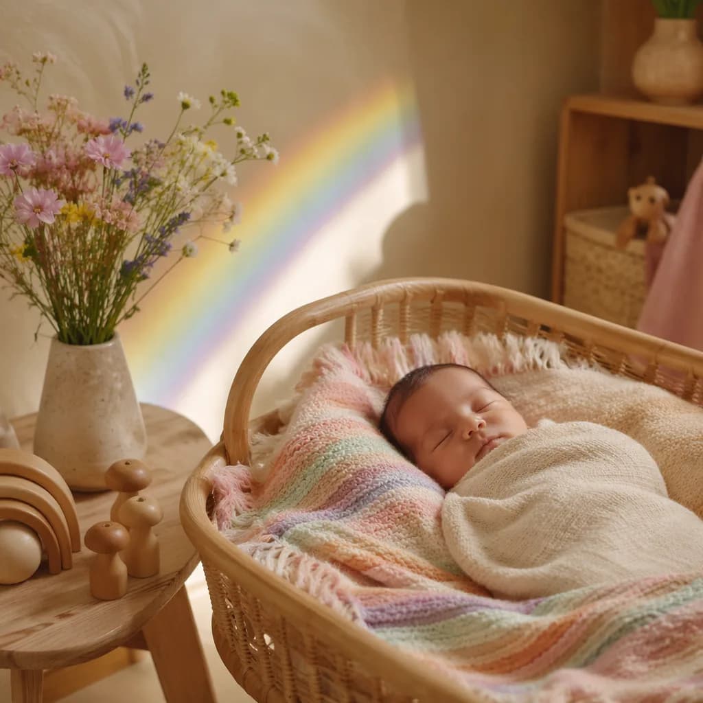A cozy nursery scene with a swaddled newborn and soft rainbow light.