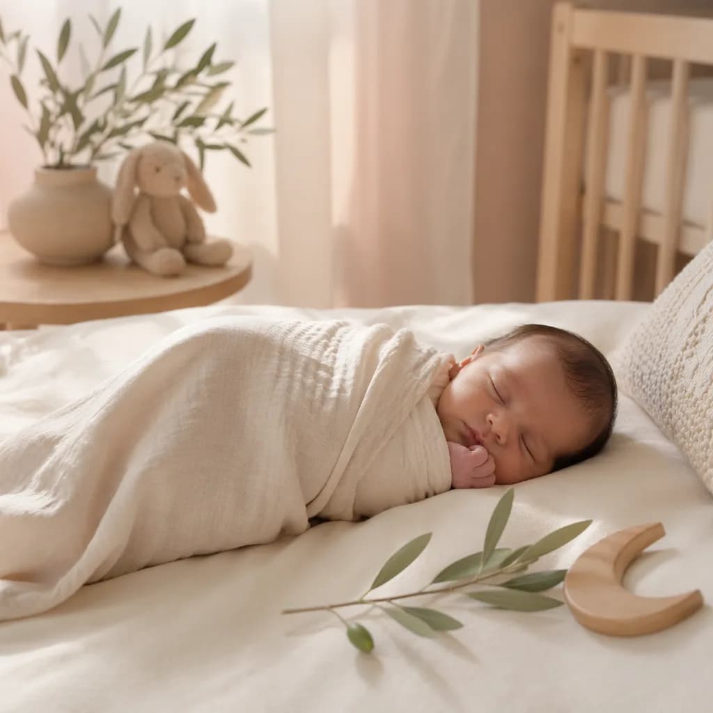 A peaceful baby in a soft pastel nursery with gentle Arabic-inspired details.