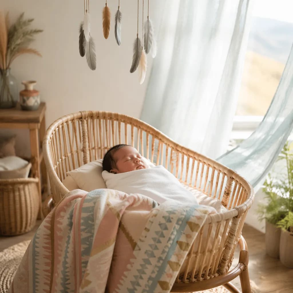 Sleeping baby in a soft nursery with woven accents and gentle breeze.