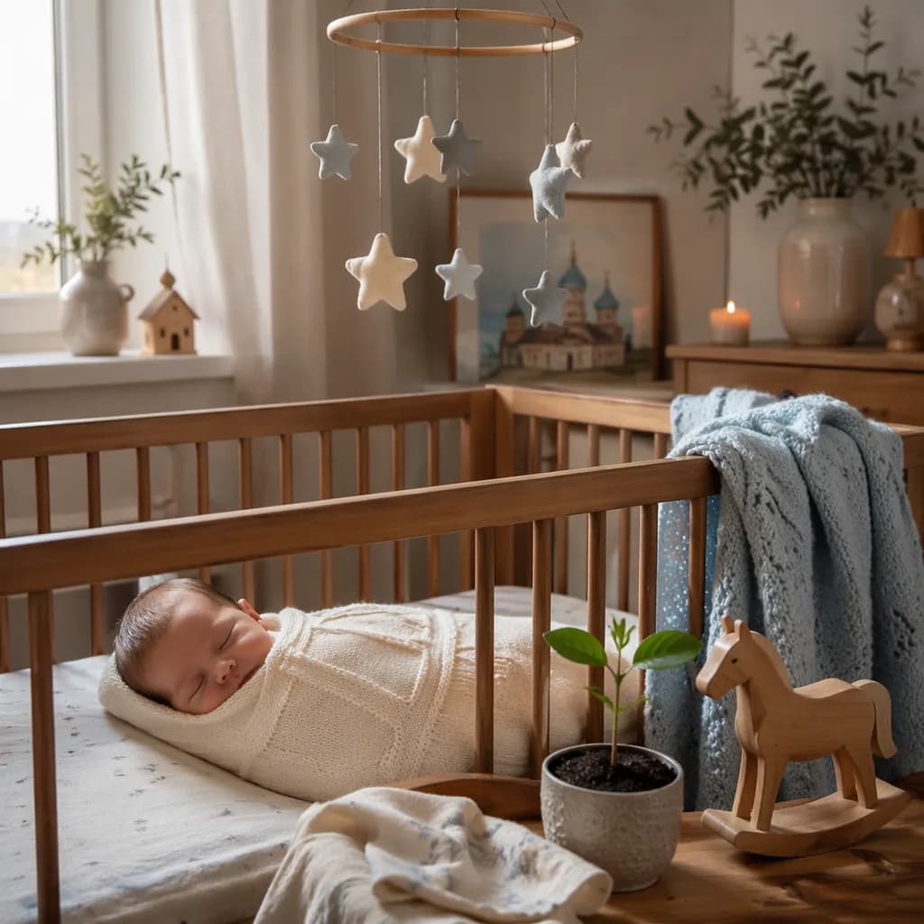 Sleeping baby in a soft Russian-inspired nursery with gentle symbolic toys and pastel decor.
