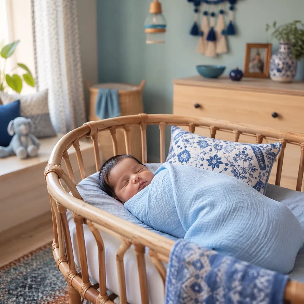 A peaceful baby in a soft blue nursery inspired by the name Neel.