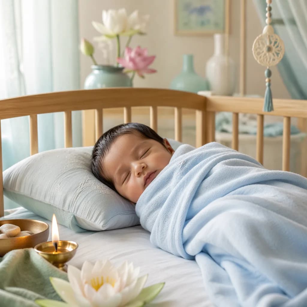 Peaceful newborn in a soft blue modern nursery with lotus decor and warm natural light