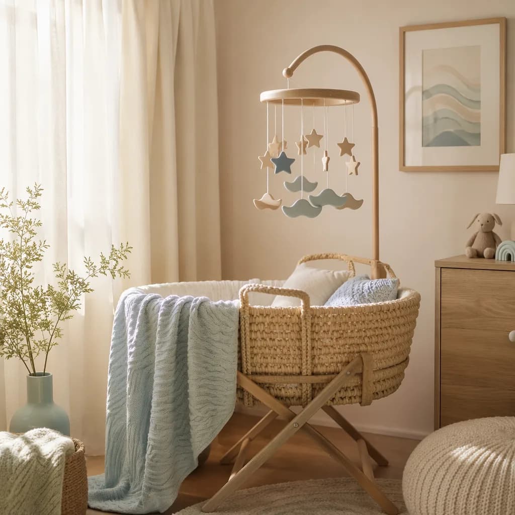 Cozy pastel nursery still-life with river-inspired blue accents and warm natural light.