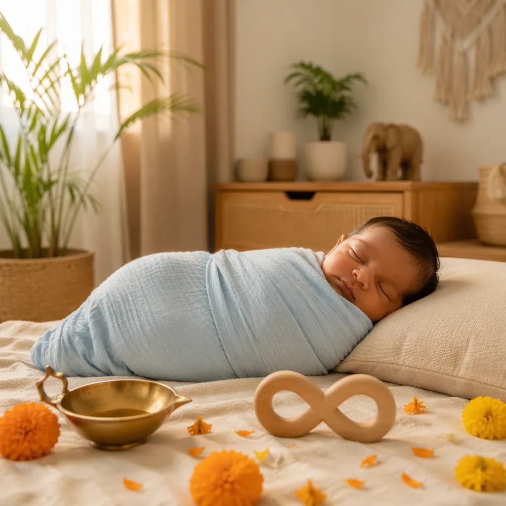 Sleeping baby in a soft blue nursery with gentle Indian-inspired details.