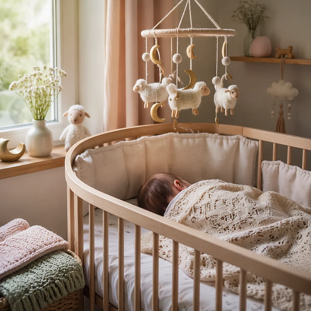 Soft pastel German nursery with a sleeping baby and handmade lamb mobile for the name Nele