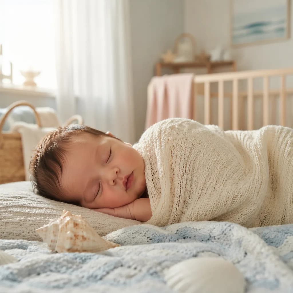 Sleeping newborn in a cozy pastel nursery with gentle ocean-inspired accents.