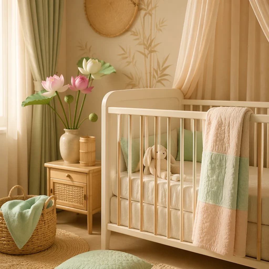 Soft Vietnamese-inspired nursery with lotus flowers, cozy crib, and pastel morning light.