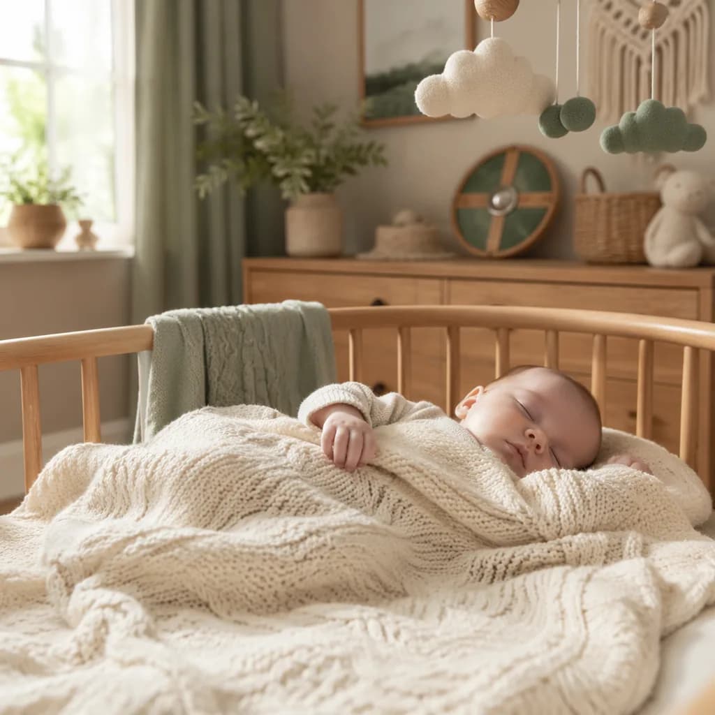 Sleeping baby in a cozy pastel nursery with Irish-inspired accents.