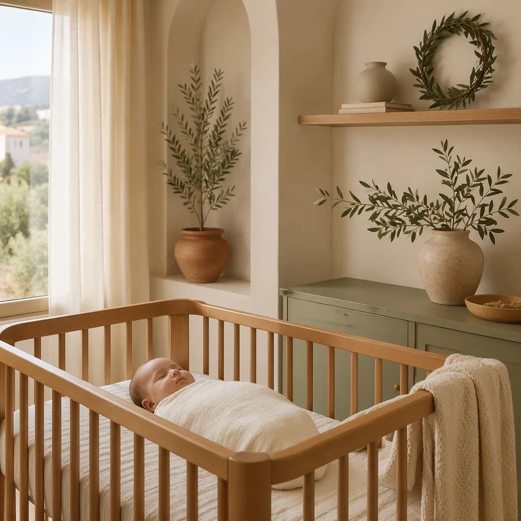 Sleeping baby in a warm Italian-inspired nursery with soft pastel decor and laurel accents