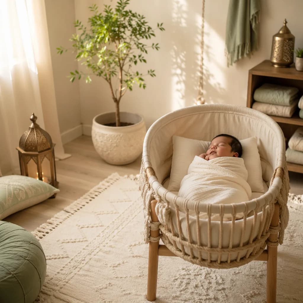 Peaceful newborn in a soft pastel nursery with a small sapling and gentle South Asian-inspired decor.